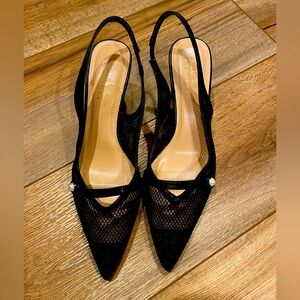 Nicole Miller Black Mesh Pointed Toe Slingback Heels with Pearl Accent